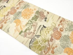 アンティーク　鼓に鶴・菊・萩模様織り出し丸帯（材料）